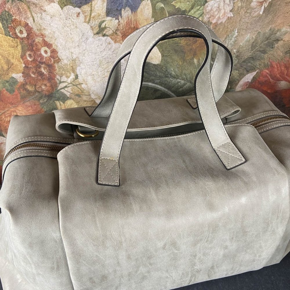 VGUC Jo Totes “Wyndham Street” camera/tote bag, grey faux suede.